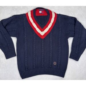 Tommy Hilfiger Sweater Mens Large Navy Contrast Trim Cable Knit V Neck Pullover